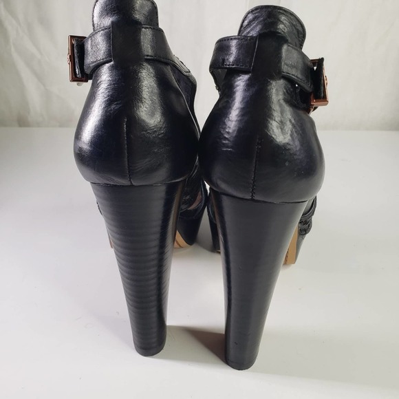 Elliott Lucca Bernadette Woven Leather Aztec Platform Heels  Elliot Lucca Bernadette Woven Leather T-Strap Heel 7.5 Black Sandal Ankle Buckle